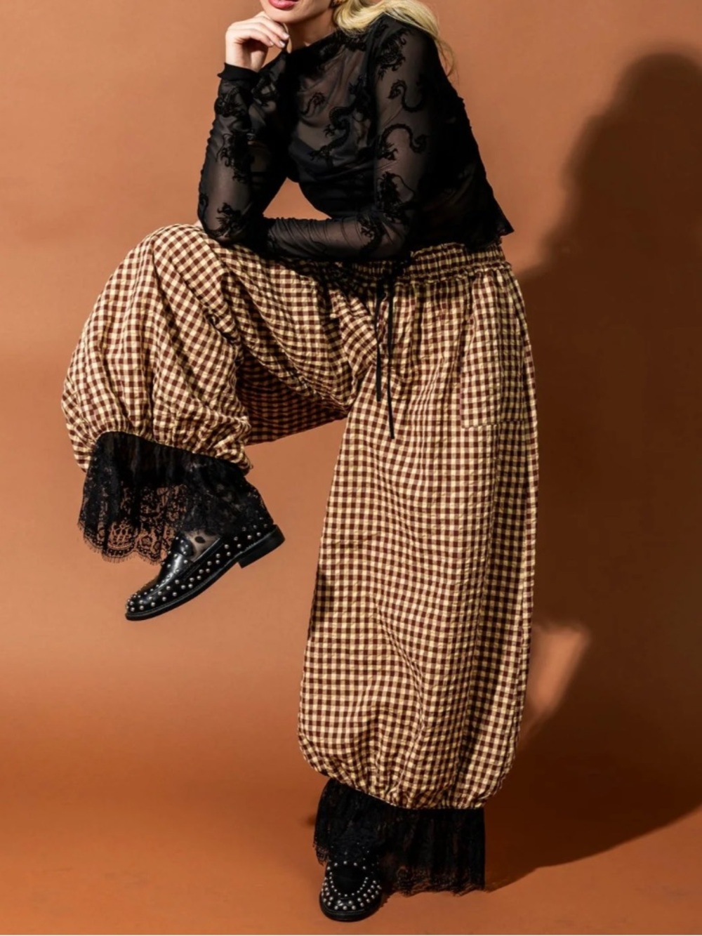 Dressed in LALA Brown Gingham Wide-Leg Pants with Black Lace Hem